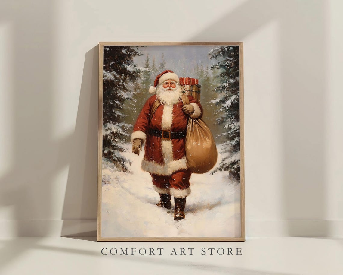 Vintage Santa Claus Walking Through a Snowy Forest with Gifts Poster - Image 7