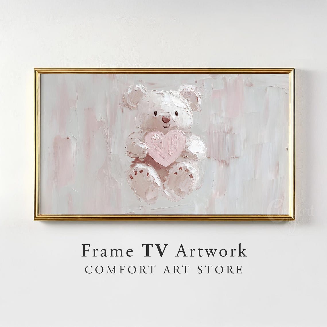 Valentine White Teddy Bear Holding Pink Heart Impasto Nursery Poster - Image 2