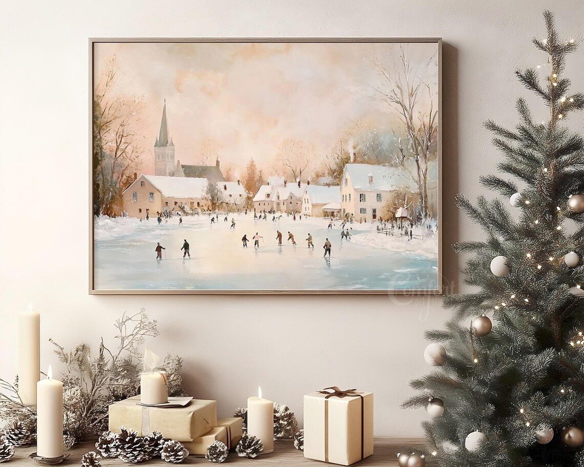 Winter Skaters on Frozen Lake by Village Church Steeple Wall Art - Image 6