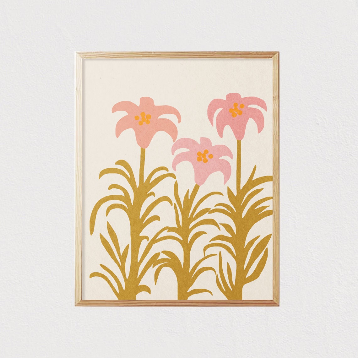 Pink Lilies With Gold Foliage Abstract Botanical Nursery Poster