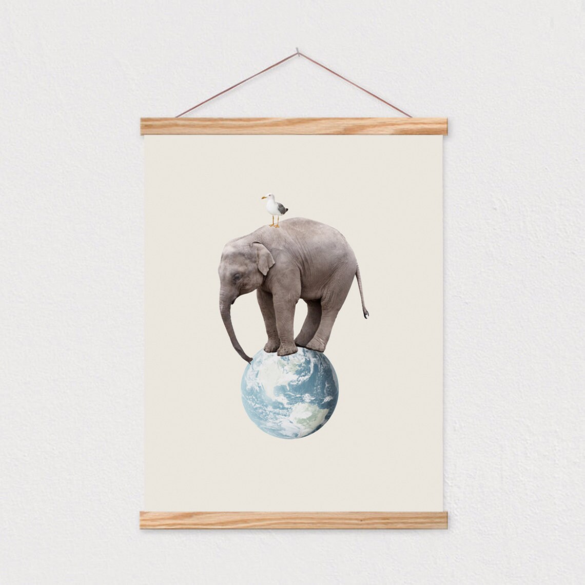 Elephant Balancing On Earth Globe With Seagull Whimsical Nursery Poster - Image 2