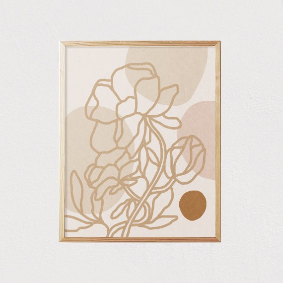 Abstract Flower Poppy Art Shapes Neutral Line Art Print Mid Century Modern Wall Art Minimalist Geometric Art 16x20