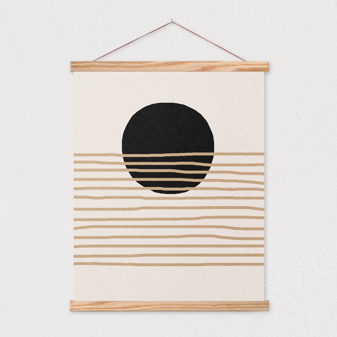 Black Sun Over Horizontal Beige Lines Minimalist Abstract Poster - Image 2