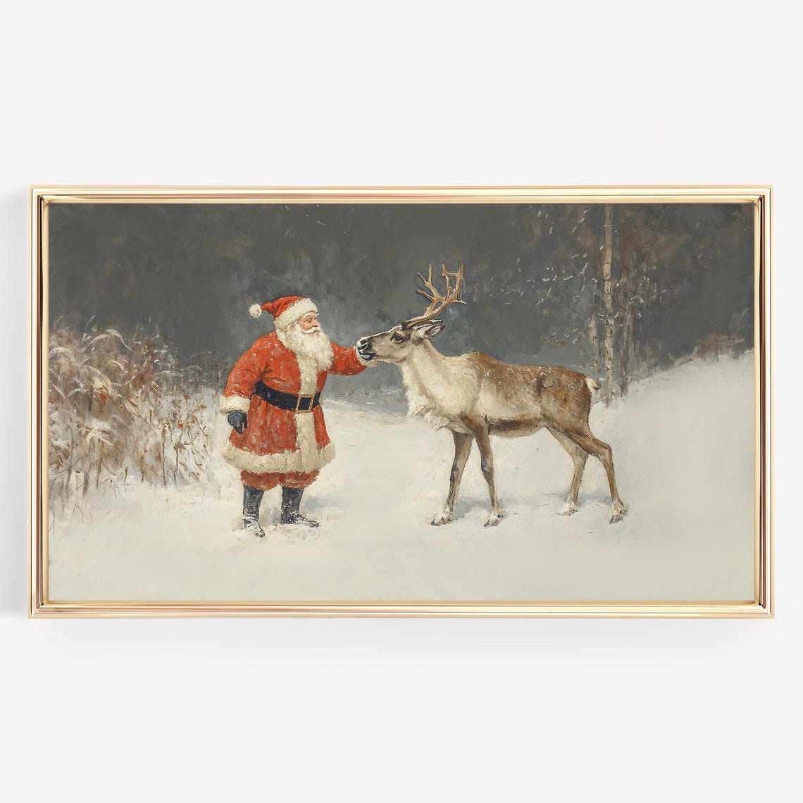 Santa Claus With Reindeer Vintage Christmas Painting Snow Poster