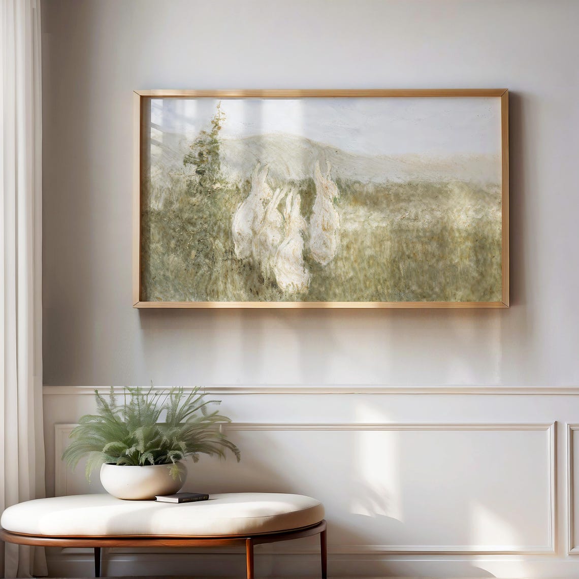 White Bunnies Abstract Textured Rabbits Neutral Field Painting Poster - Image 3