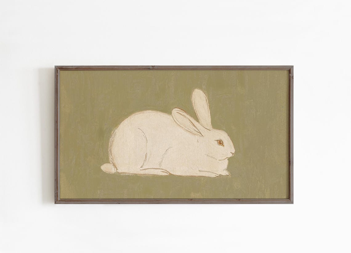 Frame TV Art White Bunny Rabbit Sage Green Modern Vintage Poster - Image 2