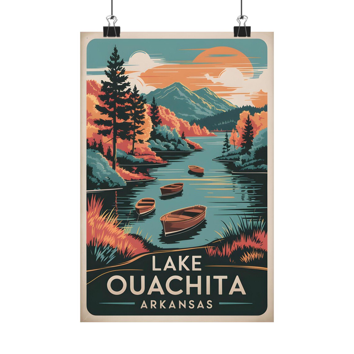 Lake Ouachita Arkansas Sunset Boats Pine Shore Vintage Poster