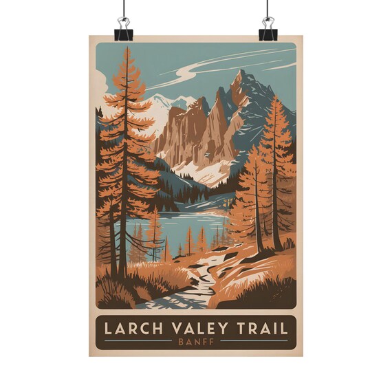 Larch Valley Trail Banff Vintage Circle Badge Alpine Lake Art Poster