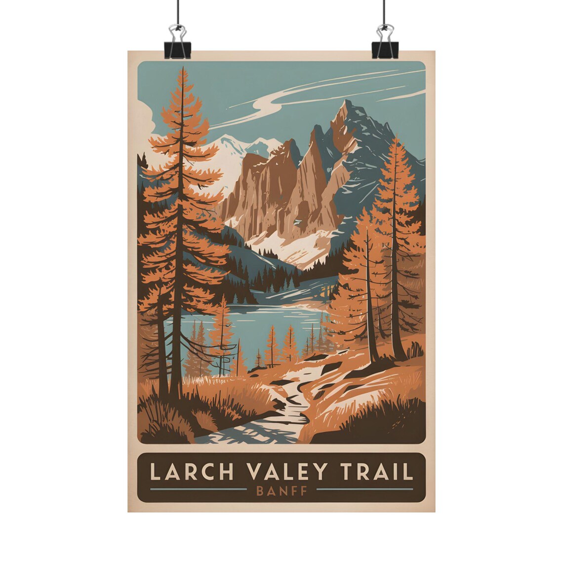 Larch Valley Trail Banff Vintage Circle Badge Alpine Lake Art Poster