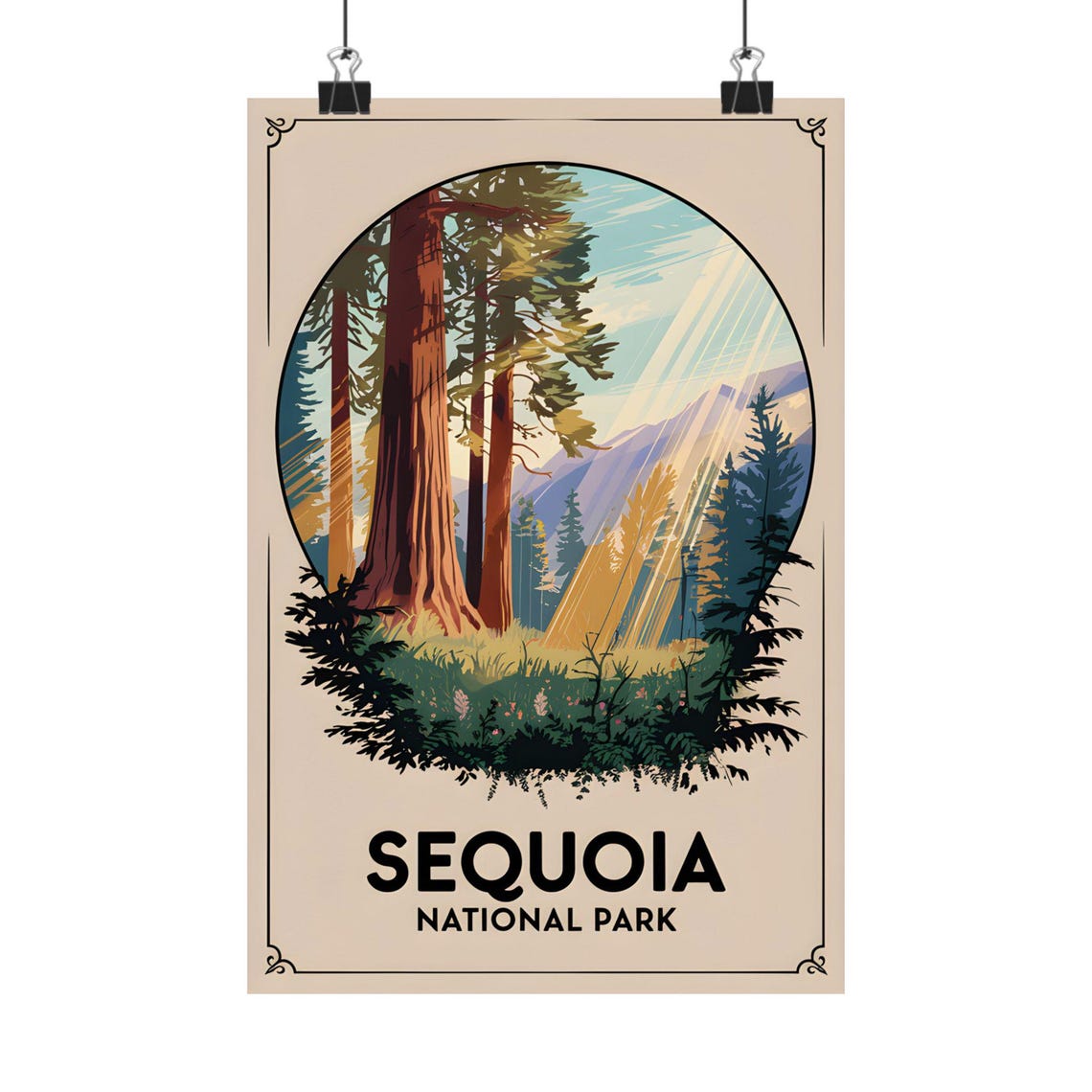 Sequoia National Park Giant Sequoia Forest Sunbeam Retro Poster
