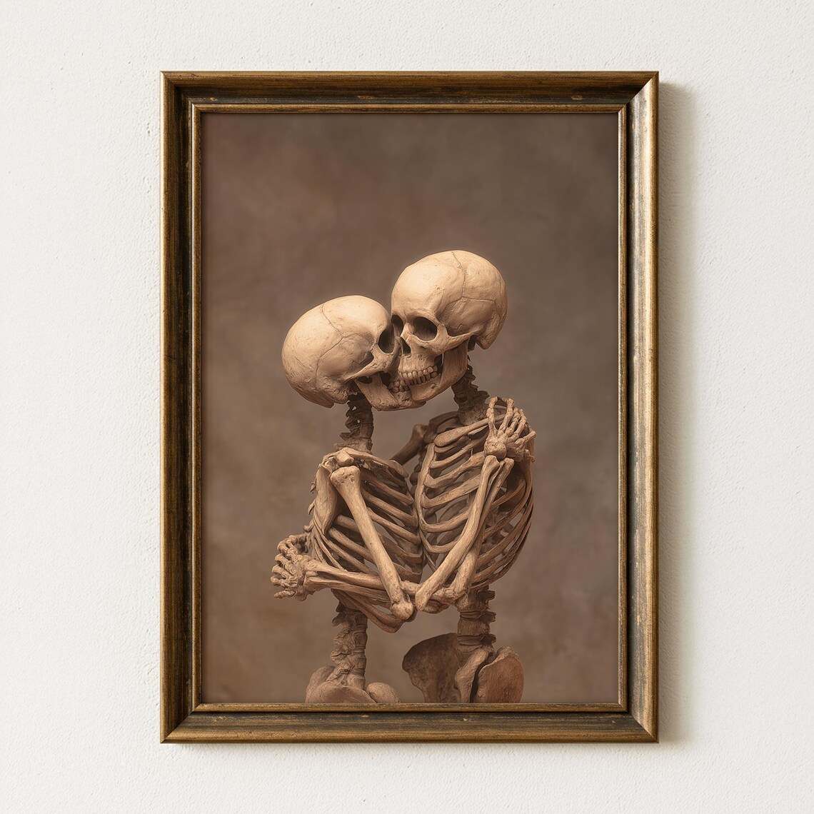 Two Skeletons Embracing In Sepia Toned Vintage Romance Poster