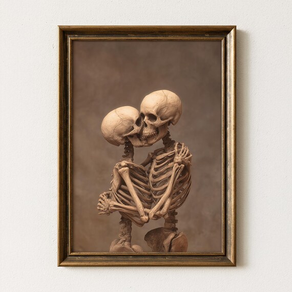 Skeleton Lovers Art Print Gothic Romantic Wall Dark Academia Decor Macabre Vintage Painting Eternal Love Poster Gift