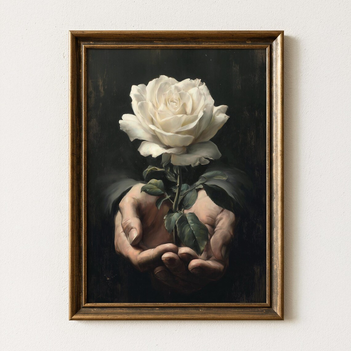 White Rose Held In Cupped Hands Moody Baroque Floral Painting Poster