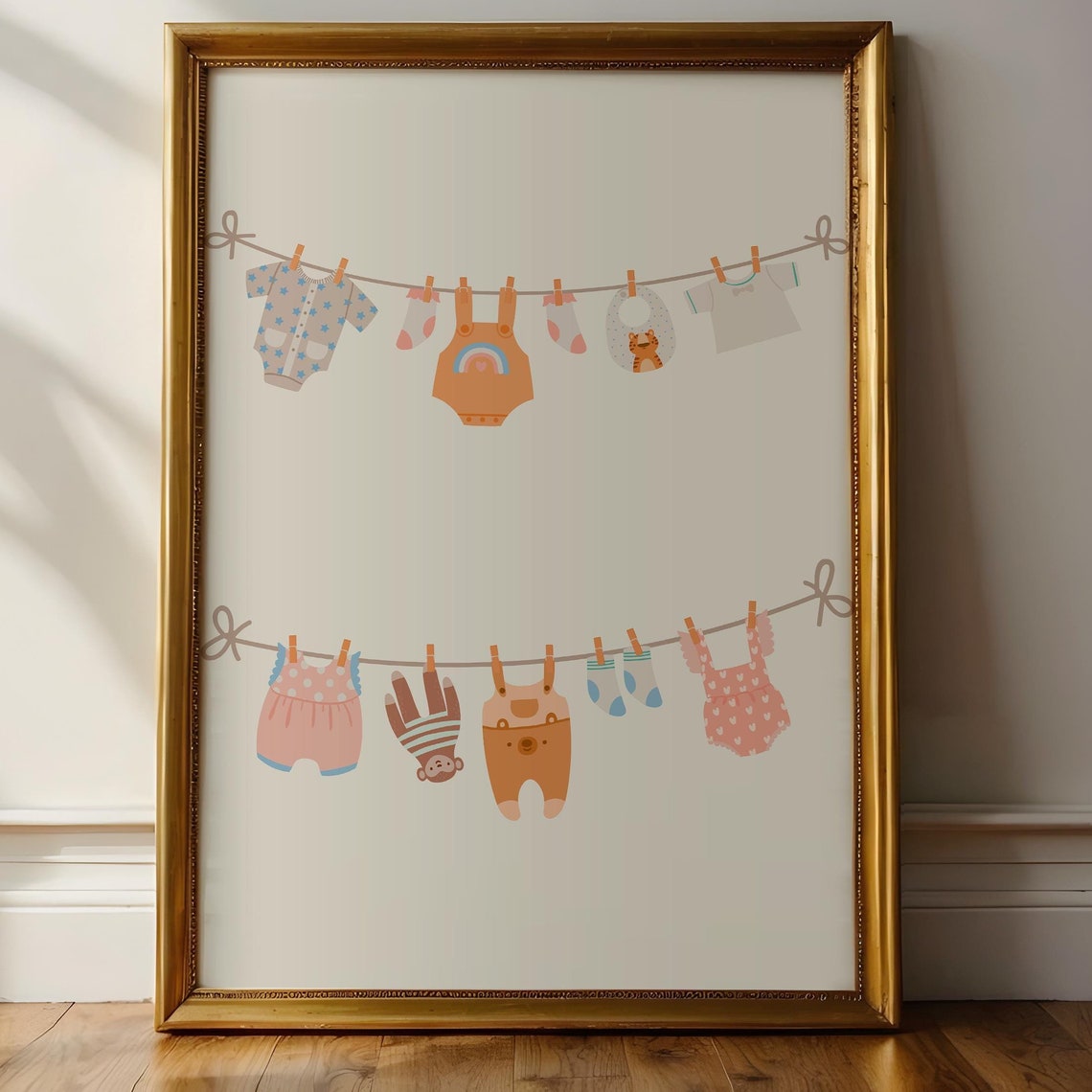 Pastel Baby Clothes Clothesline Illustration Nursery Wall Art - Image 3