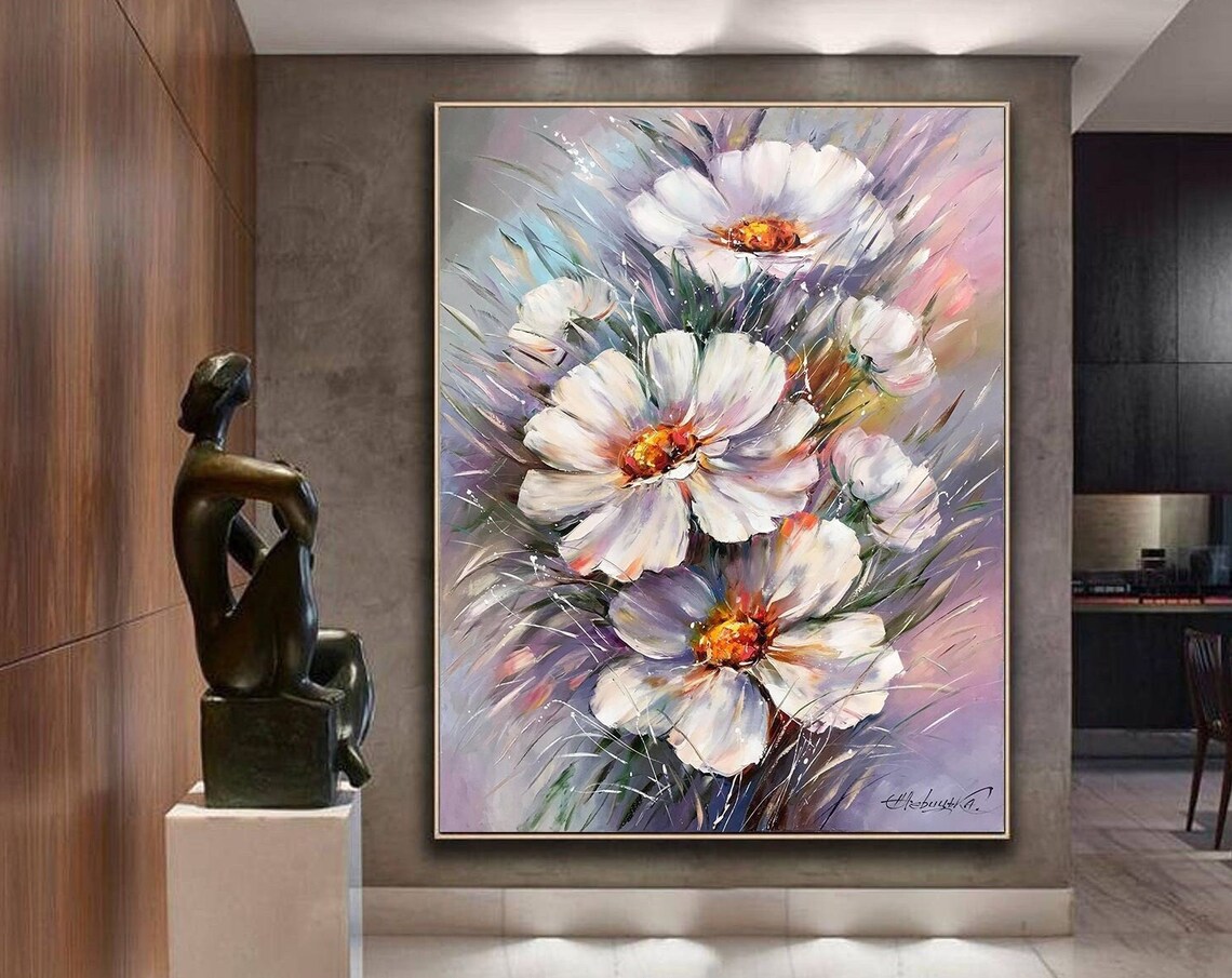 White Daisies Abstract Floral Oil Painting Art Print - Image 2