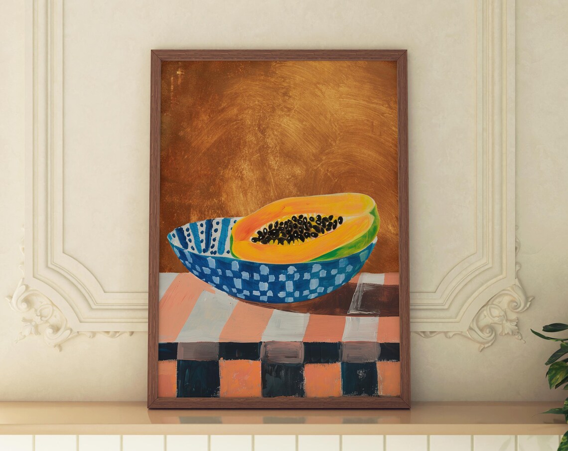 Sliced Papaya in a Blue Checkered Bowl Modern Still Life Poster