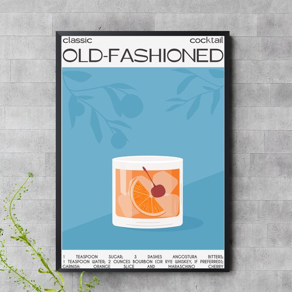 Classic Old Fashioned Cocktail Recipe Blue Minimalist Bar Lounge Decor Poster