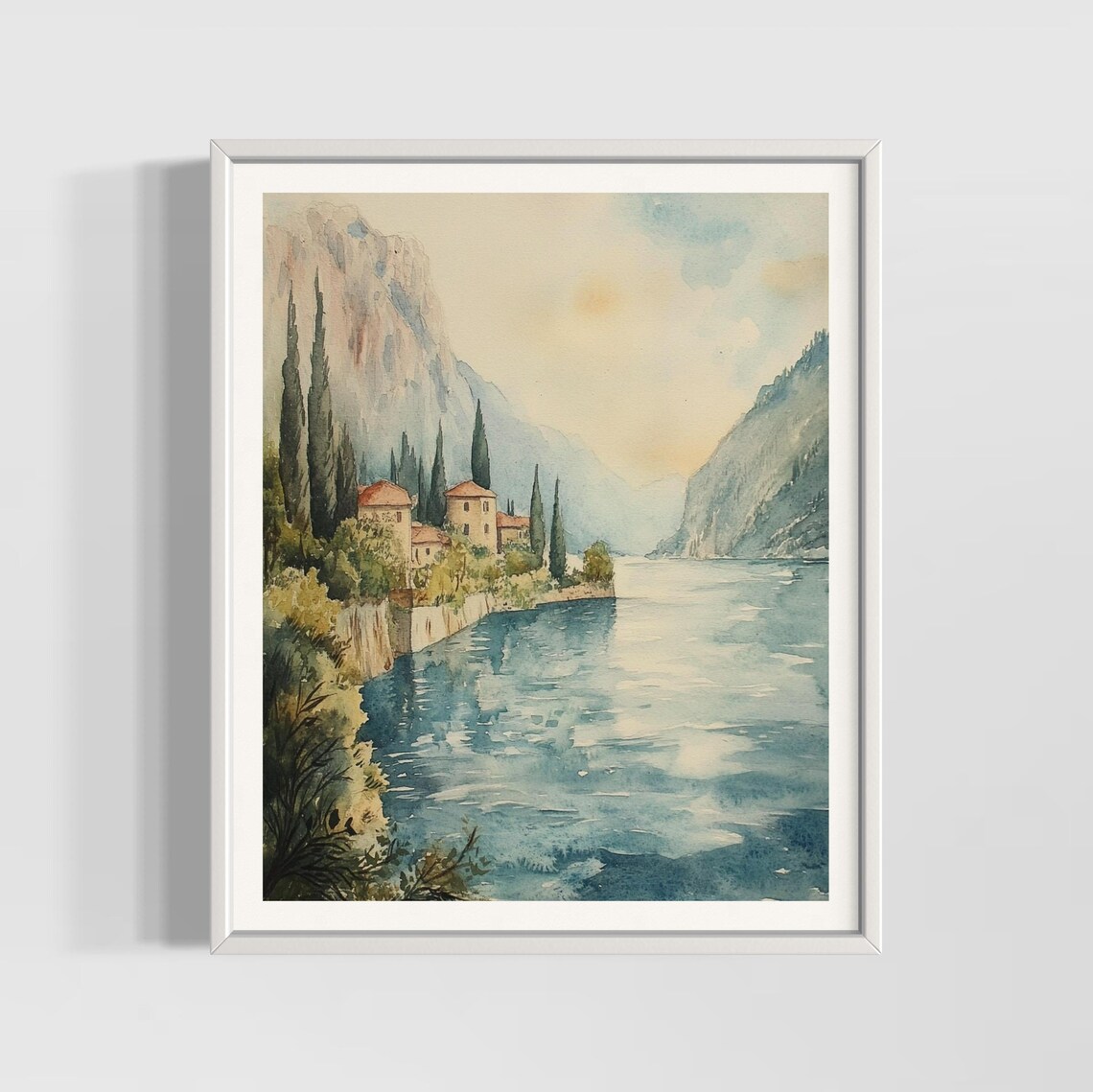 Lake Garda Italy Lakeside Villas Watercolor Scenic Travel Poster