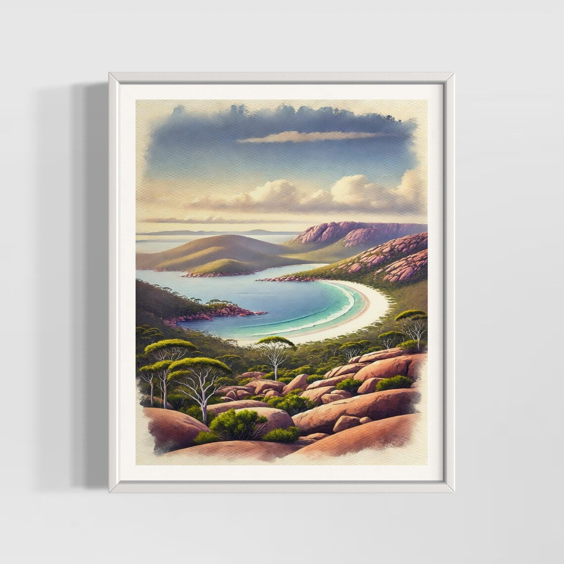 Freycinet National Park Tasmania Coastal Bay Granite Rocks Watercolor Poster