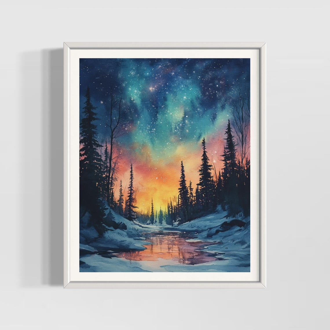 Northern Lights Aurora Snowy Forest River Night Sky Watercolor Poster