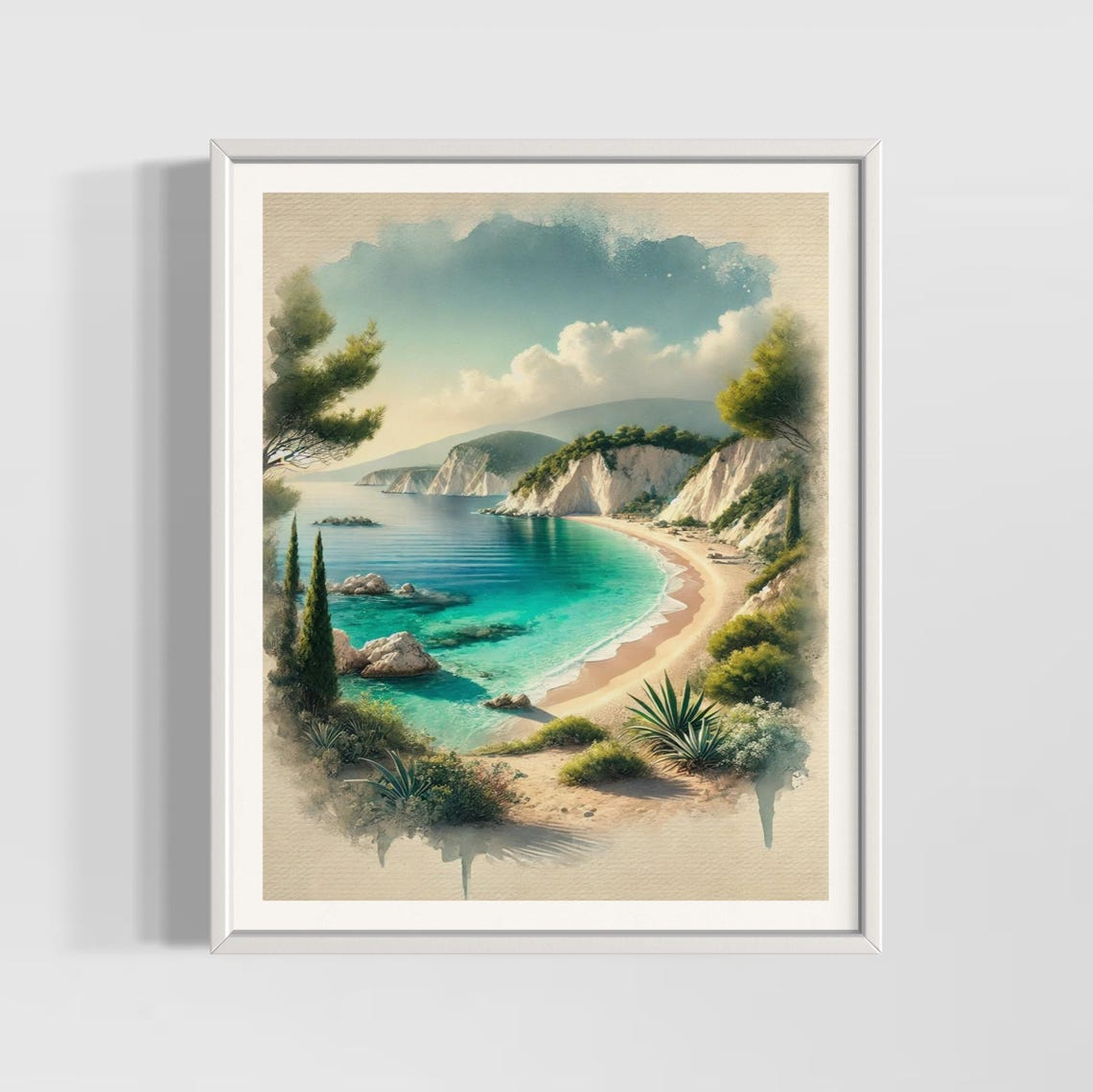 Lefkada Greece Turquoise Cove Watercolor Mediterranean Travel Poster
