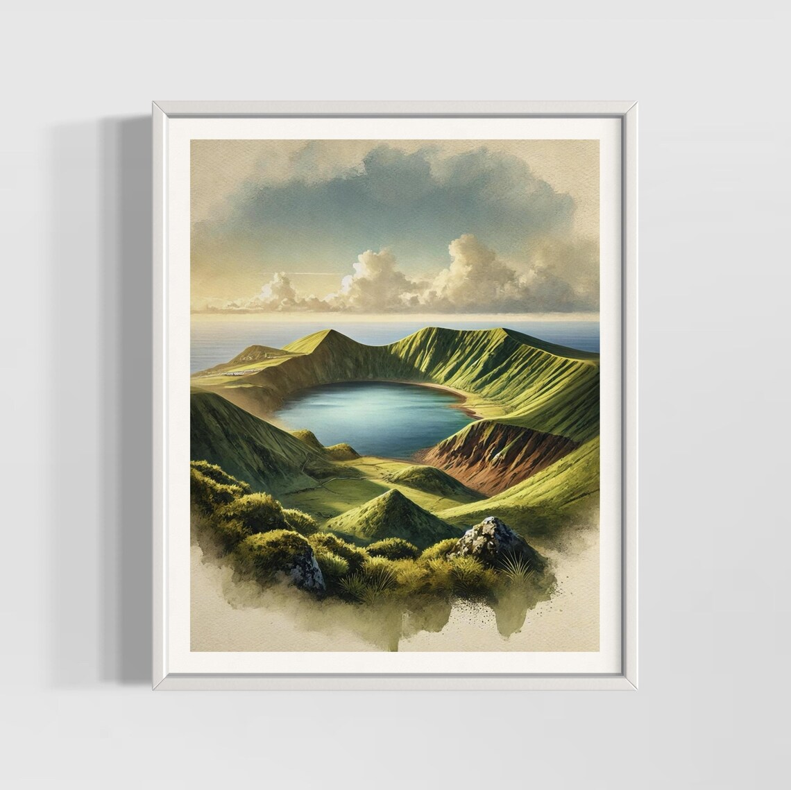 Azores Portugal Volcanic Crater Lake Island Watercolor Poster