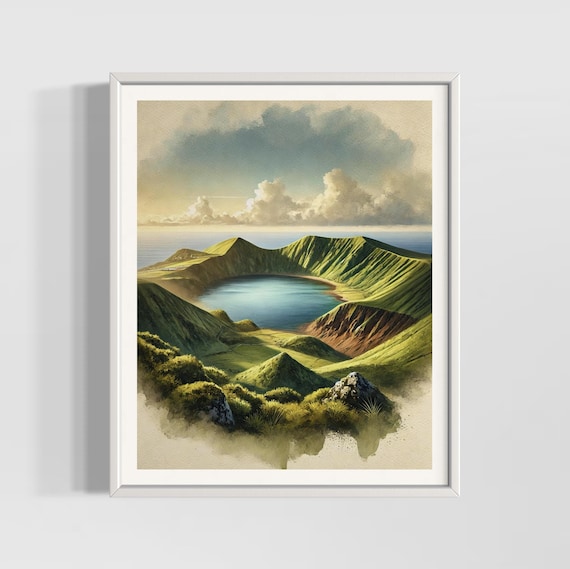 Azores Portugal Volcanic Crater Lake Island Watercolor Poster