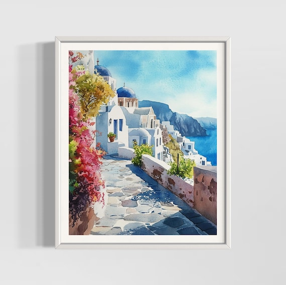 Santorini Vintage Watercolor Travel Poster