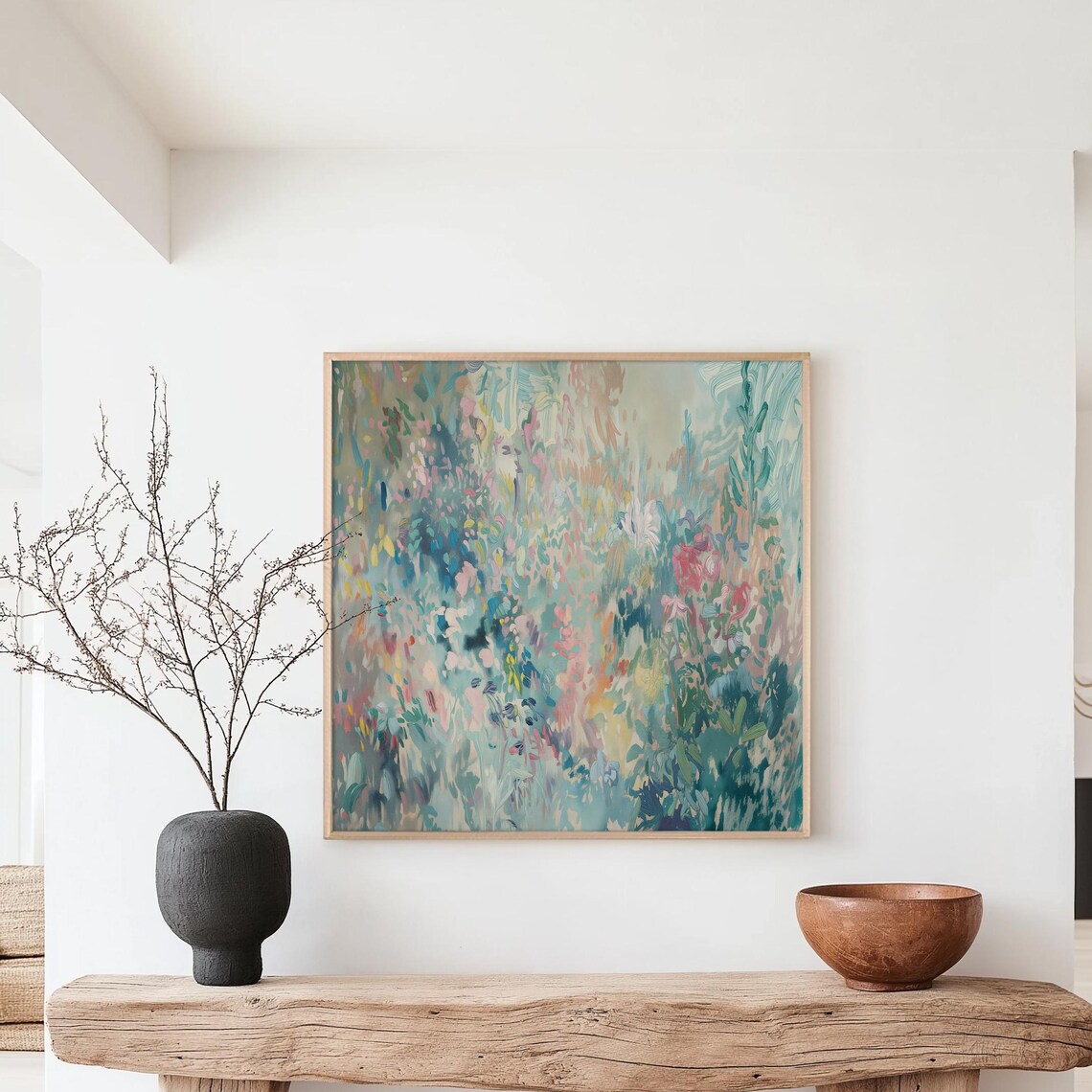 Pastel Pink Teal Abstract Garden Painting Soft Modern Decor Poster