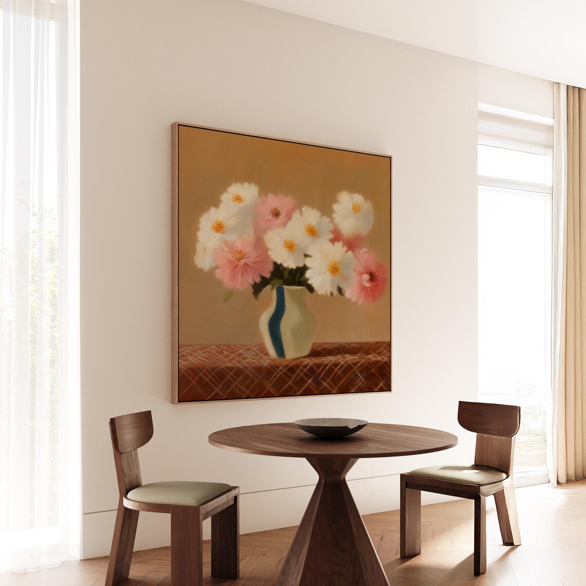 Pink White Cosmos Flowers Vase Warm Ochre Botanical Art Poster