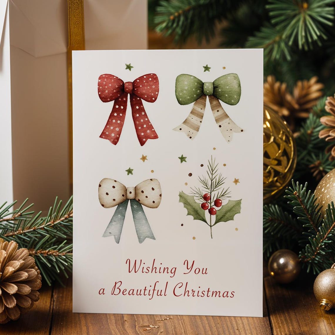 Wishing You A Beautiful Christmas Watercolor Festive Bow Poster