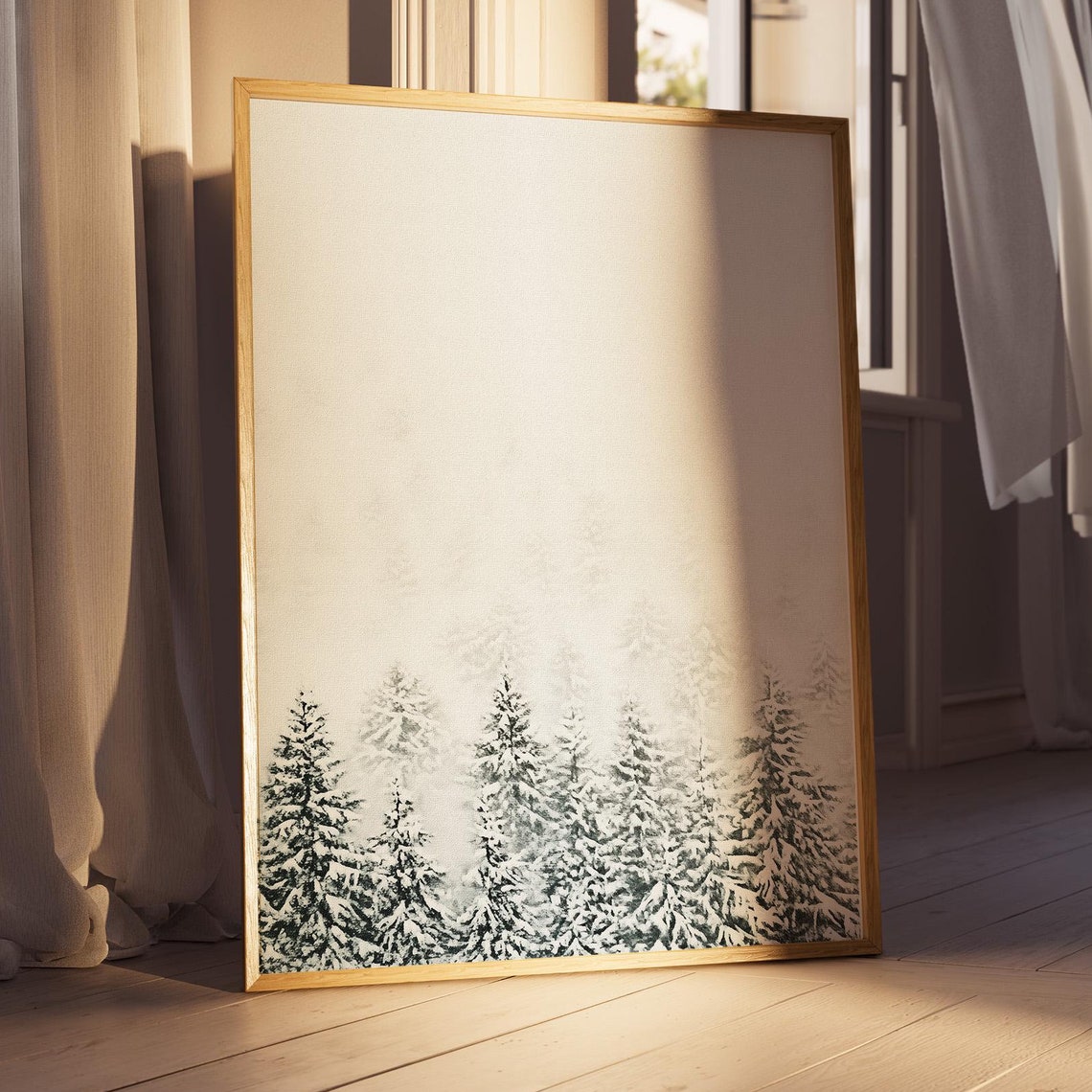 Minimalist Snowy Pine Forest Winter Wonderland Neutral Art Poster