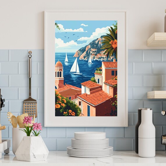 Mediterranean Coastal Village Sailboats Terracotta Roofs Travel Poster