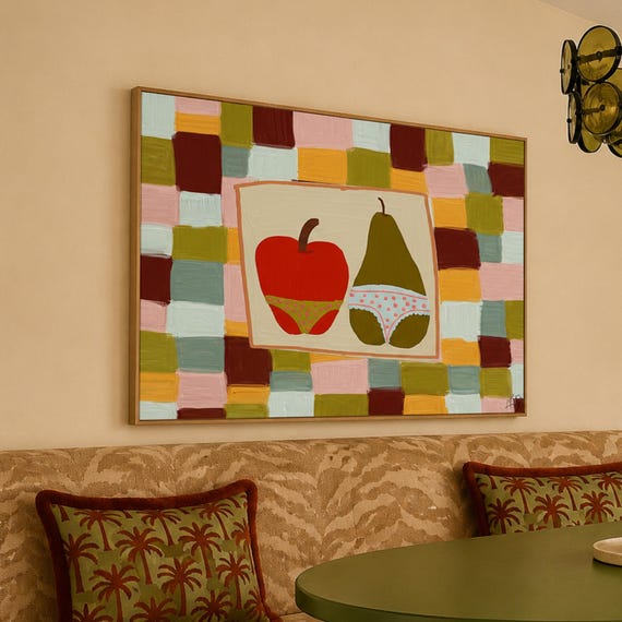 Fruits With Underwear Kitchen Oil Painting Print Horizontal Funny Apple Colorful Wall Art Hand Drawn Retro Checkered Food Poster