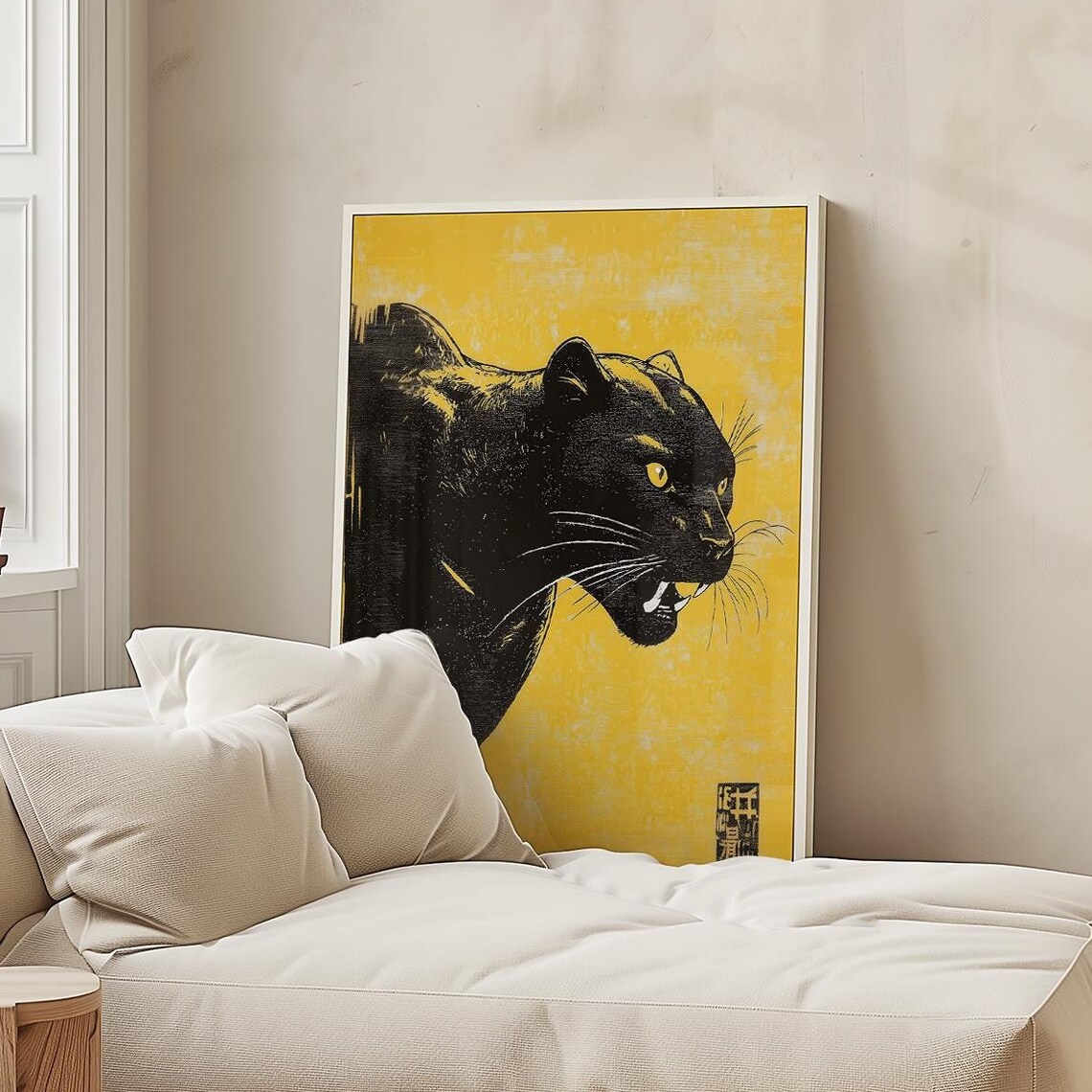 Black Panther Bold Yellow Japanese Woodblock Style Art Poster - Image 4
