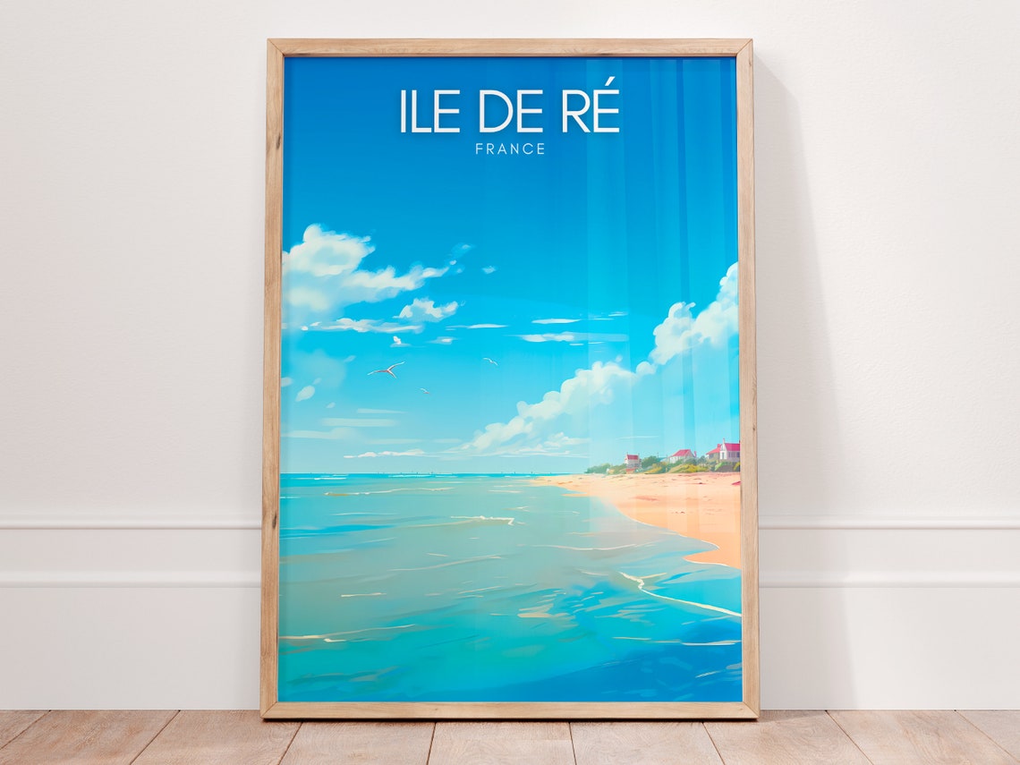 Ile de Ré France Beach Poster with Calm Sea and Soaring Seagulls