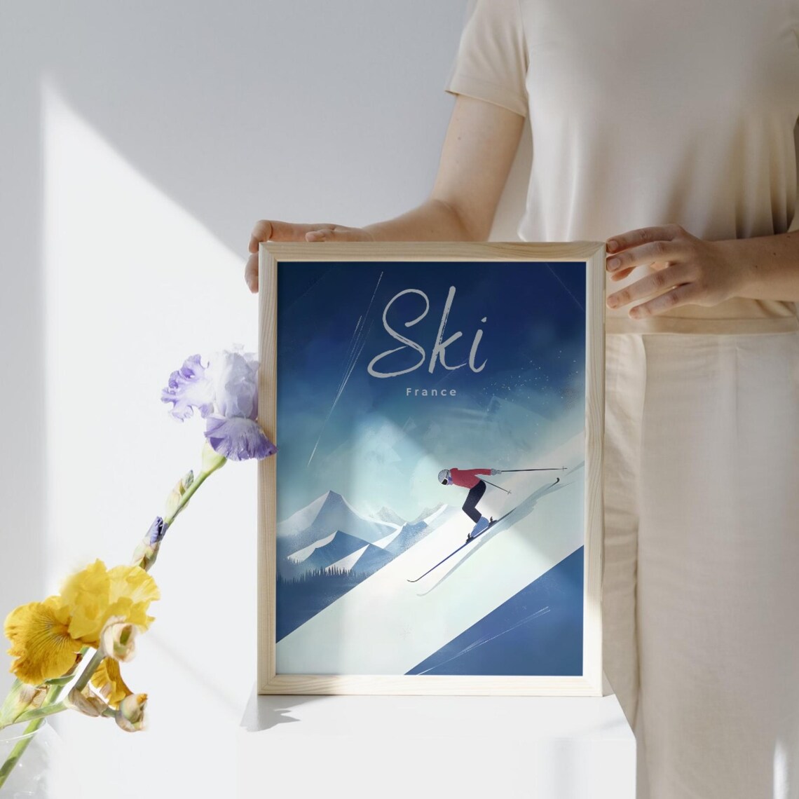 Ski France Minimalist Downhill Racer on Deep Blue Slope Poster - Image 2