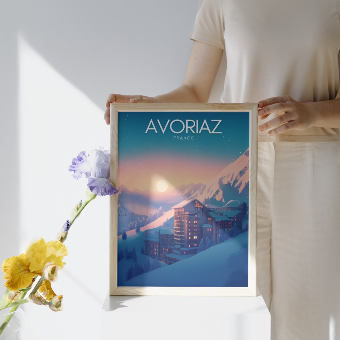 Avoriaz France Ski Resort Poster with Sunset over Snowy Alpine Village - Image 2