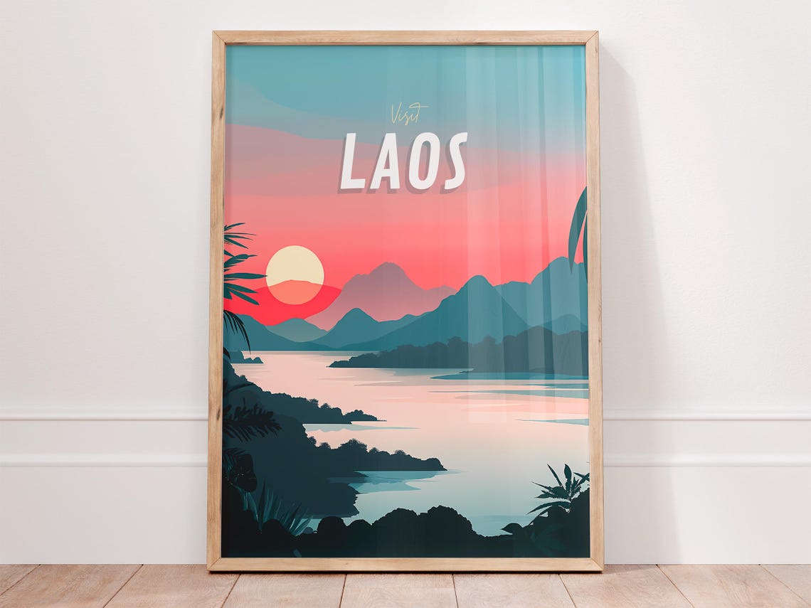 Visit Laos Sunset Mountain Lake Minimalist Travel Poster Art