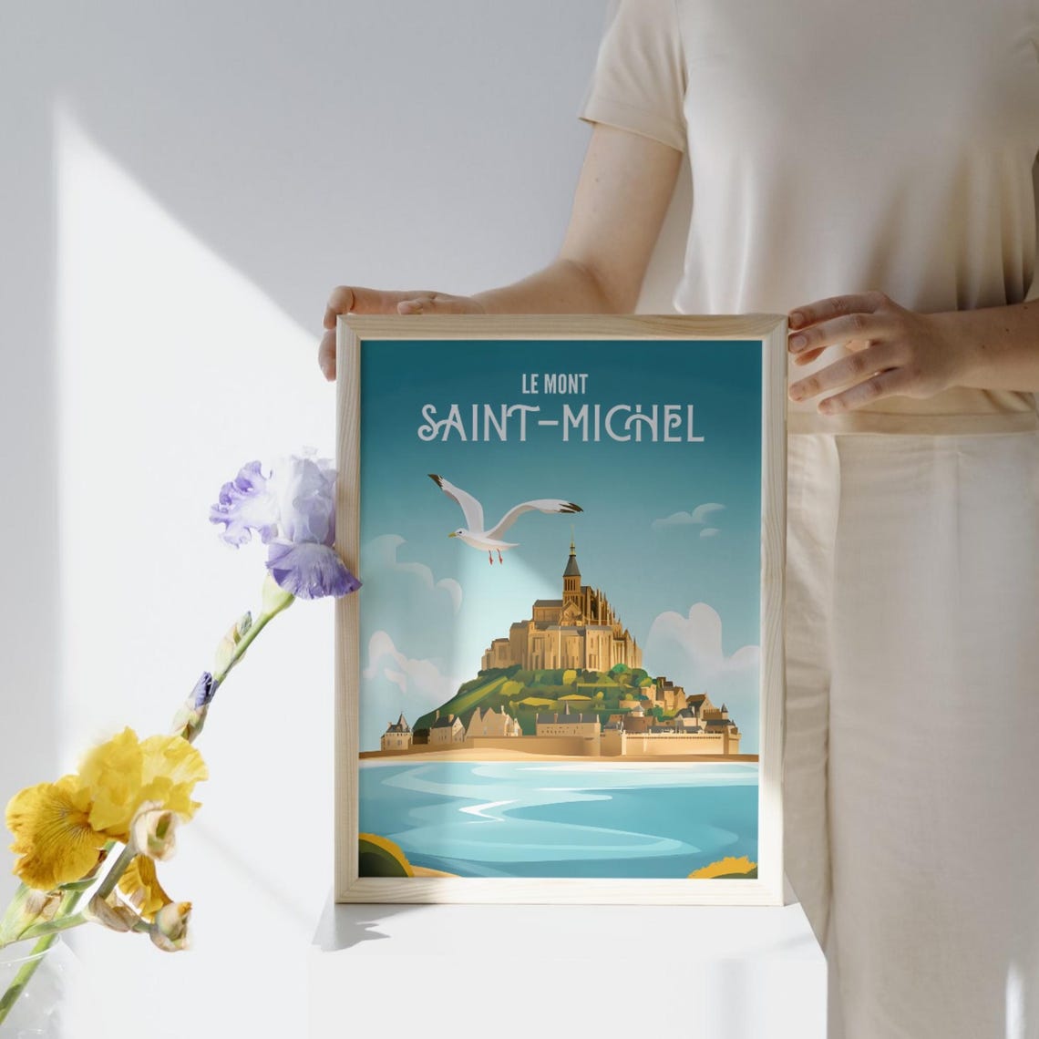 Mont Saint-Michel Seagull Above Abbey Turquoise Sky France Poster - Image 2