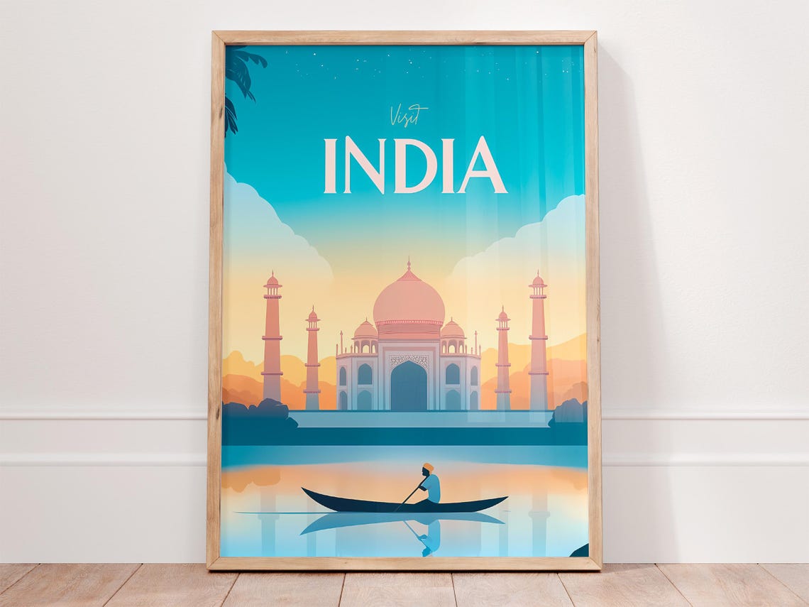 Visit India Taj Mahal Sunset with Boat Minimalist Travel Poster