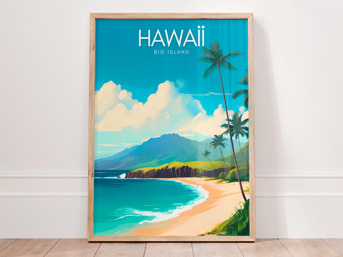 Hawaii Big Island Poster with Palm Trees Beach and Green Mountains