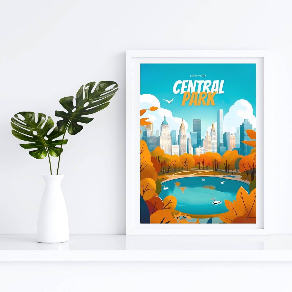 Central Park New York Autumn Orange Trees Lake Skyline Poster - Image 4
