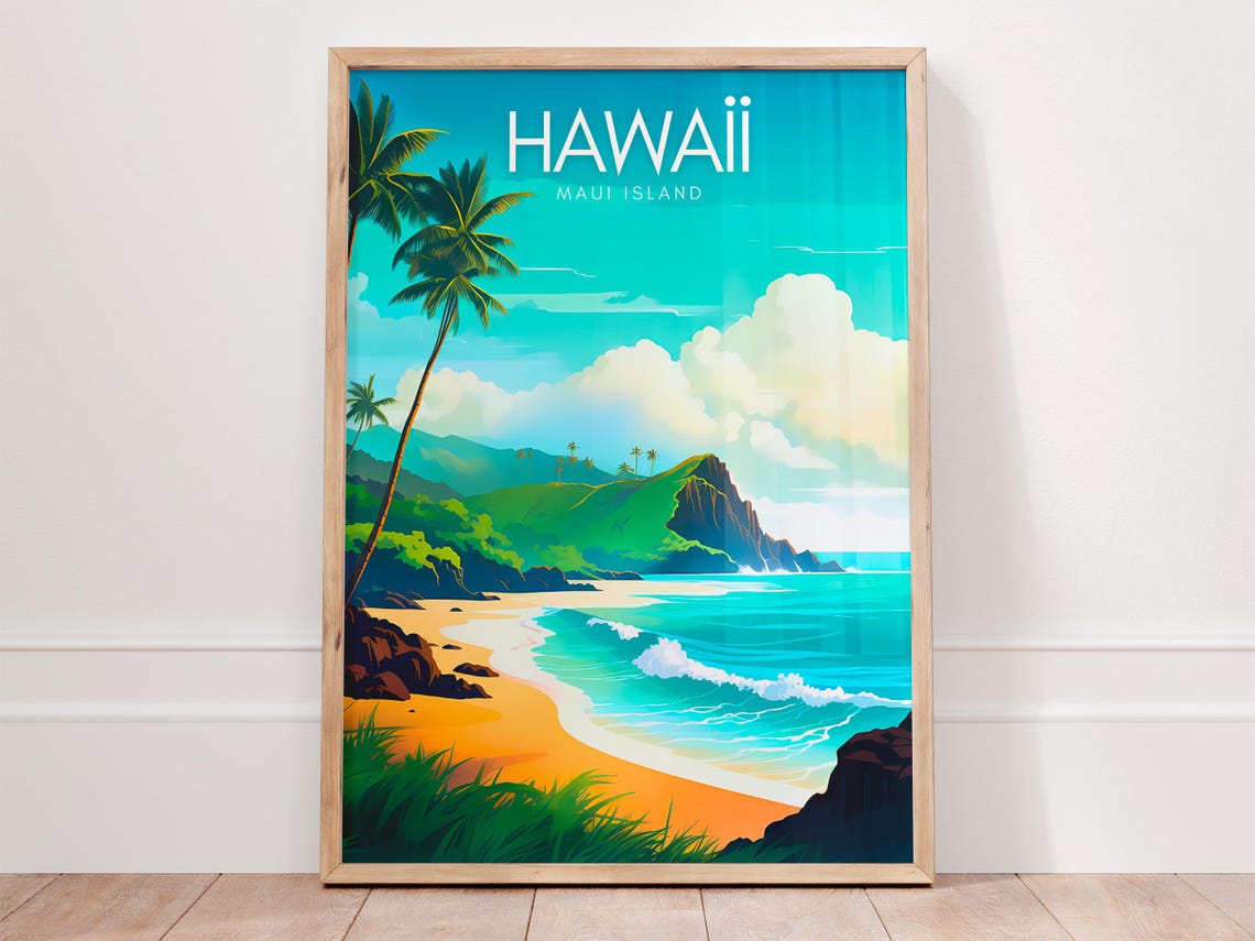 Hawaii Maui Island Golden Palm Beach Turquoise Cliffs Travel Poster