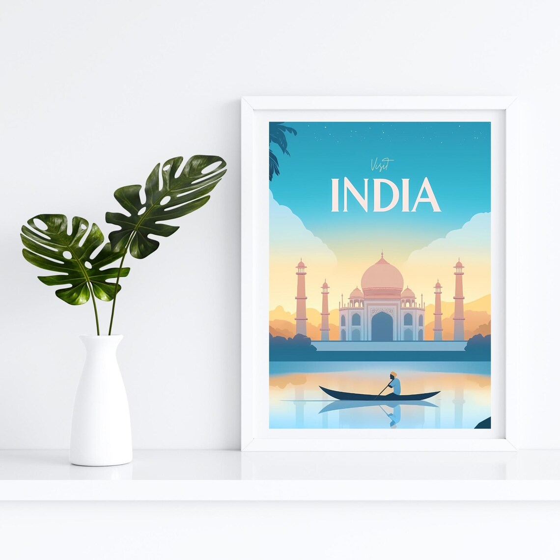 Visit India Taj Mahal Sunset with Boat Minimalist Travel Poster - Image 4