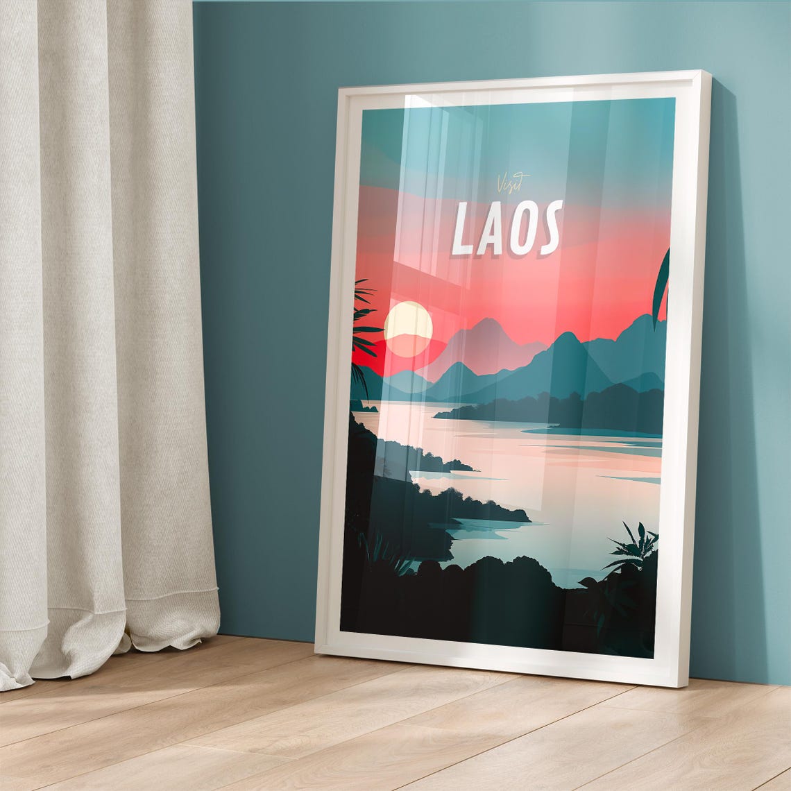 Visit Laos Sunset Mountain Lake Minimalist Travel Poster Art - Image 5