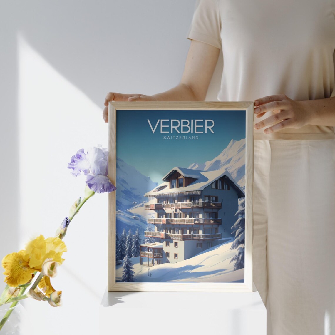 Verbier Switzerland Ski Chalet in Snowy Alpine Peaks Travel Poster - Image 3