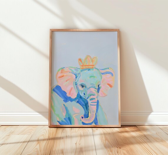 Colorful Baby Elephant Wearing Crown Pastel Nursery Art Poster