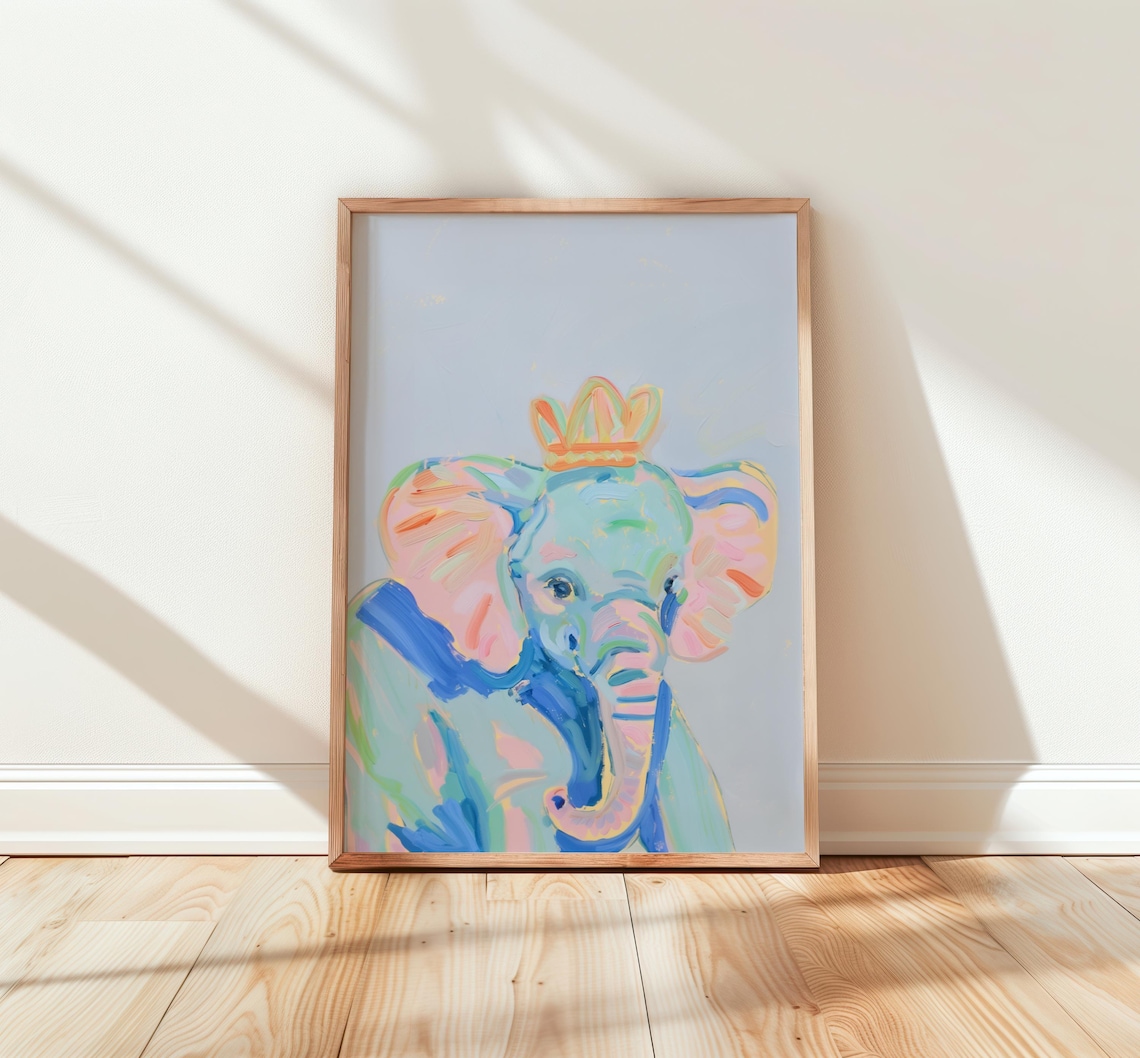 Colorful Baby Elephant Wearing Crown Pastel Nursery Art Poster