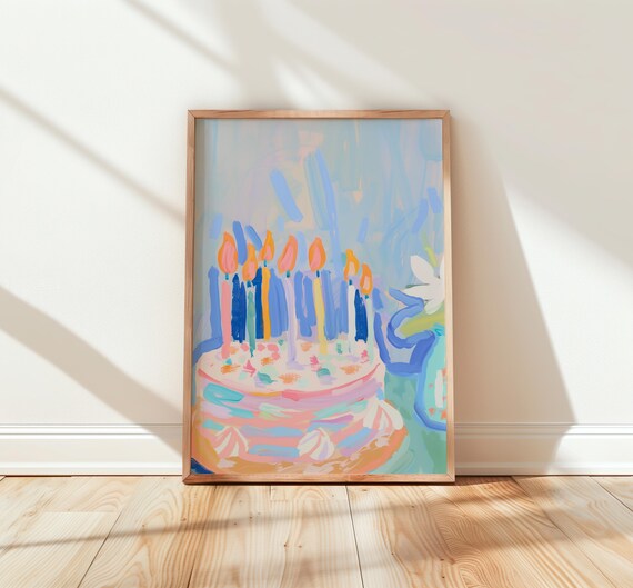 Pastel Birthday Cake With Lit Candles Dreamy Nursery Wall Art